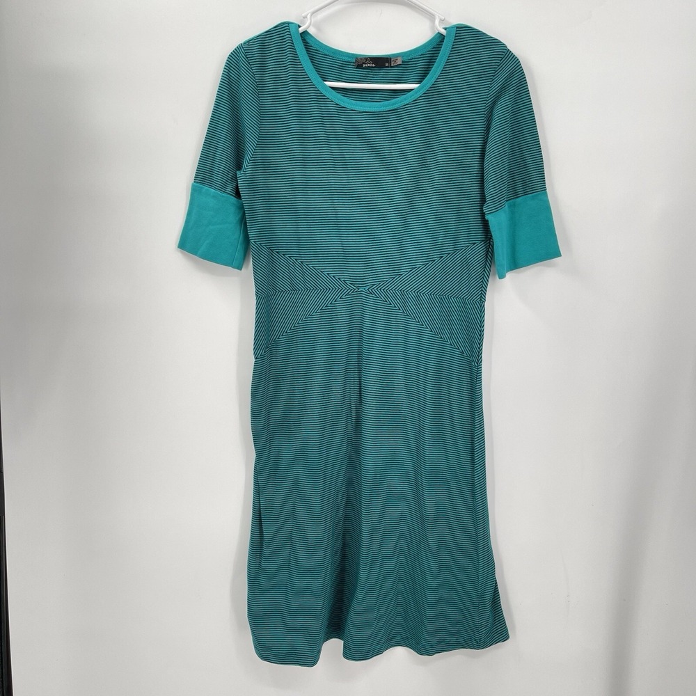 Prana Medium T-Shirt Dress Womens Teal Black Striped Short‎ Sleeve Crew Neck USA